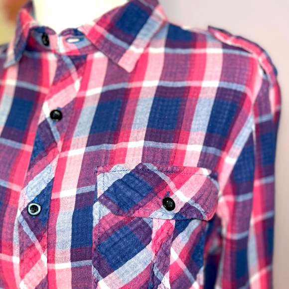 Women’s soft flannel button down, pink, blue and white. Great condition. - Picture 12 of 12